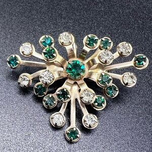 Vintage Emerald Green and Clear Rhinestone MCM Atomic Starburst Brooch Pendant